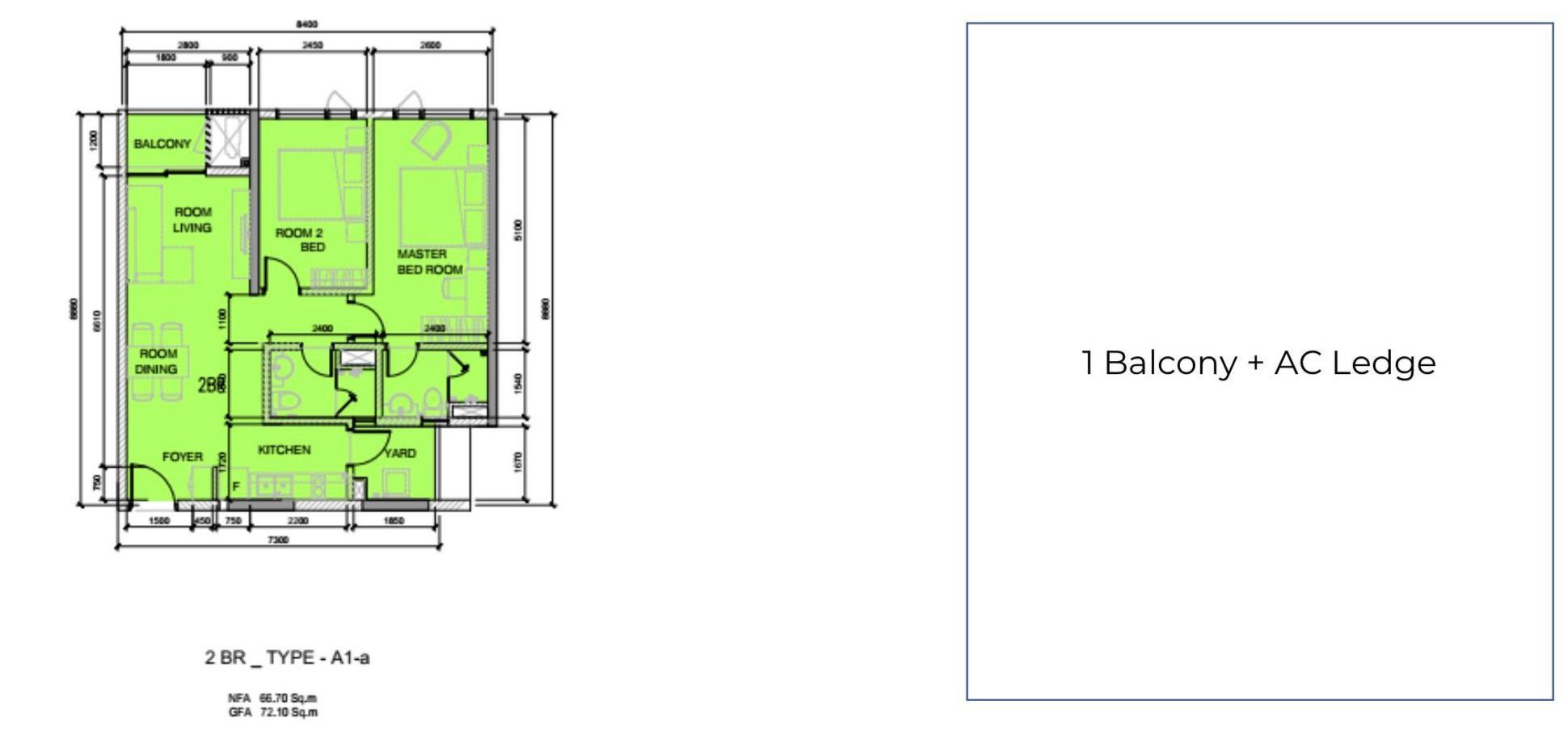 Căn hộ 2 Phòng ngủ, 2 phòng tắm – Diện tích xây dựng: 72.1 m2 – Diện tích sử dụng: 66.7 m2