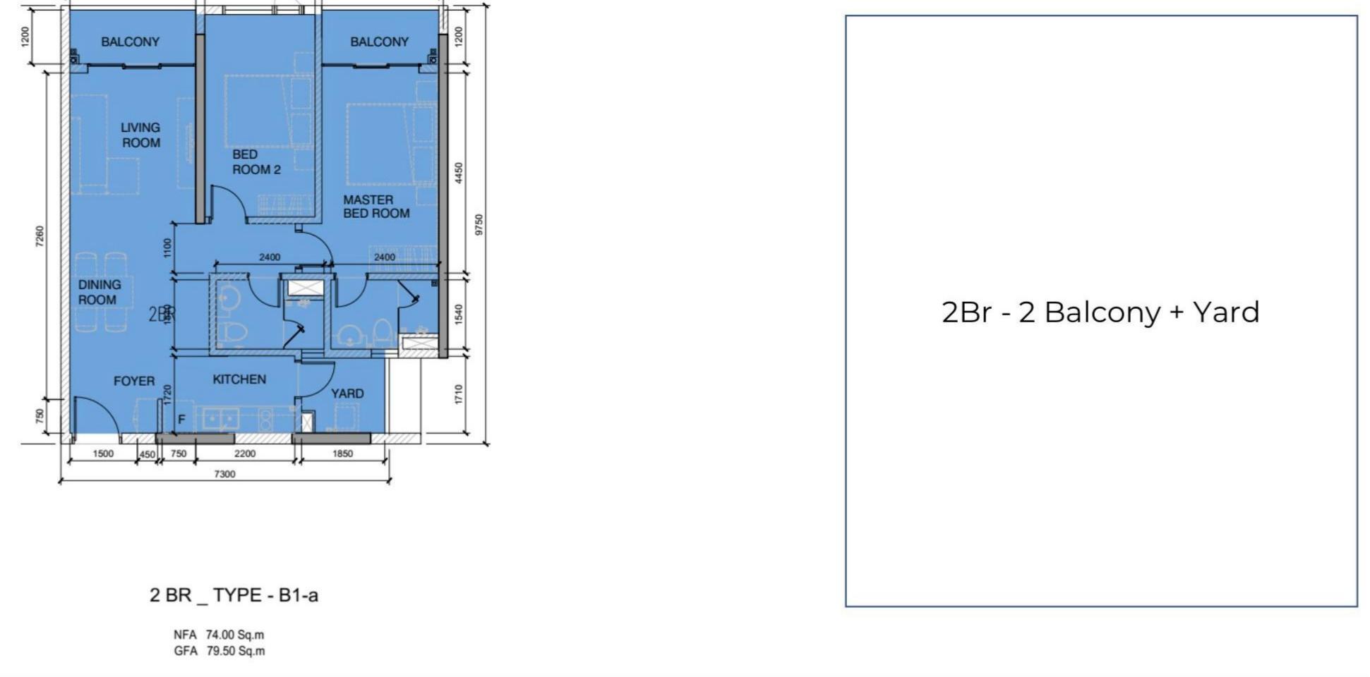 Căn hộ 2 Phòng ngủ, 2 phòng tắm – Diện tích xây dựng: 79.5 m2 – Diện tích sử dụng: 74 m2