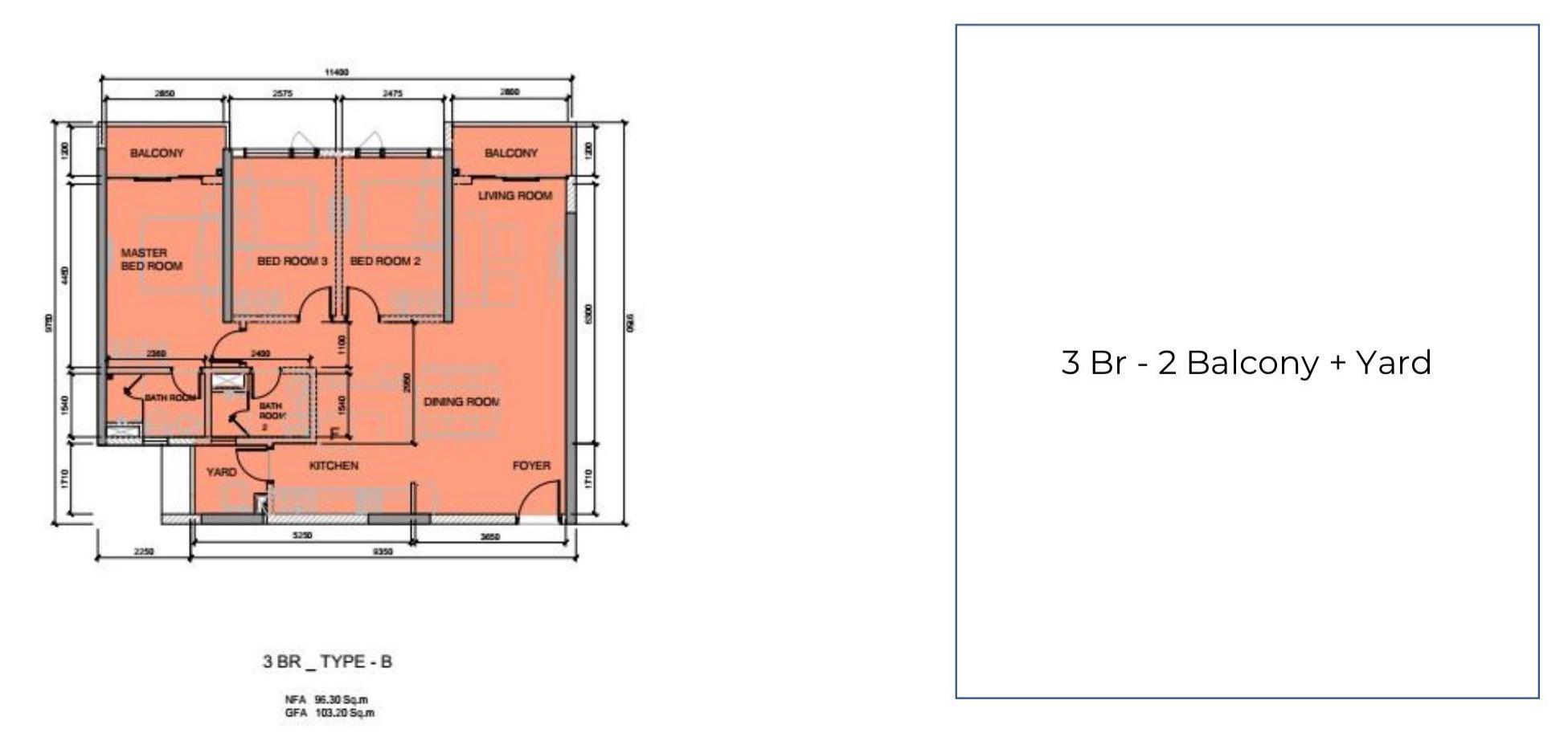 Căn hộ 3 Phòng ngủ, 2 phòng tắm – Diện tích xây dựng: 103.2 m2 – Diện tích sử dụng: 96.3 m2 