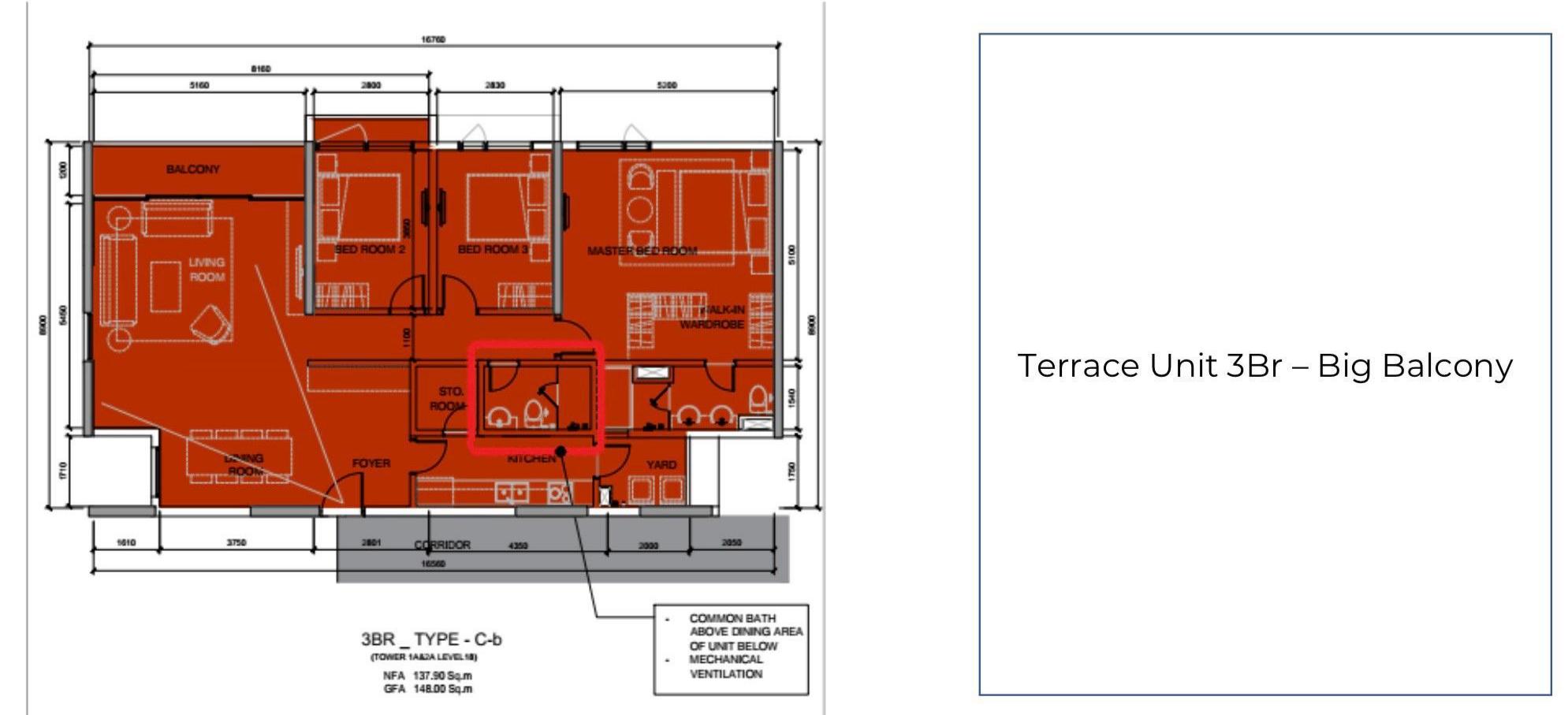 Căn hộ 3 Phòng ngủ, 2 phòng tắm – Diện tích xây dựng: 148 m2 – Diện tích sử dụng: 137.9 m2 